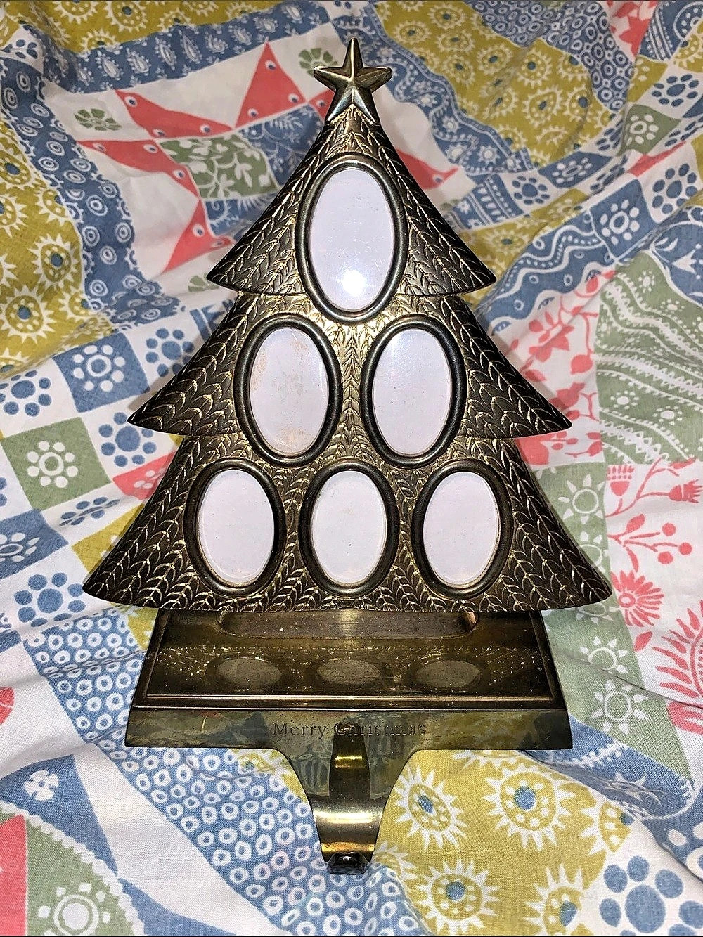 Vintage Brass Christmas Tree Photo Frame Stocking Hanger